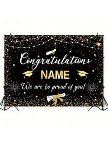 1pc Personalized Black And Gold 2025 With Customizable Name Graduation Party Special Customized Name Banner, Durable Fabric For Photography Background, Congratulations Graduation Banner, Graduation Party Decoration Photo Booth Props, Graduation Poster, Ceremony, Prom, No Electricity Required, Three Sizes Available