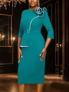 Elegant Midi Dresses 3/4 Sleeves Asymmetrical Ruffles 3D Flower Modest Color Block Spring Outfits For Women,Outfit For Date,Party,Wedding Dress,Bridesmaid Dress,Graduation Dress,Wedding Guest Fall Women Clothe,Back To School - Green - View 3