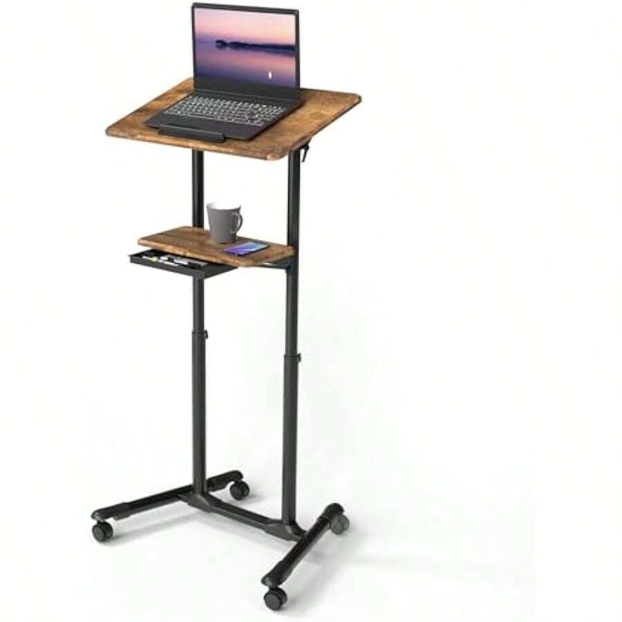 ETHU Stehpult Höhenverstellbar Laptop-Schreibtisch Mobiler Präsentationswagen mit Rollen und Kippbarem Schreibtisch Computertisch mit Sladen und Tassenhalterung