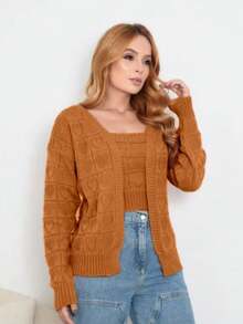 WINTER COLD WEAR BLOUSE LONG SLEEVE KIMONO WOMEN'S FASHION TWO PIECE COAT WITH TOP KNITTED HEART PRINT SWEATER - Rỉ Nâu - Xem 2