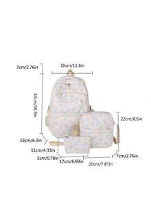 3 件套米色尼龙蝴蝶结印花多口袋可折叠防水拉链背包，适合青少年、高中生/大学生、女士日常、上学、培训、通勤、购物、旅行、情人节礼物 - 米色 - 查看 2