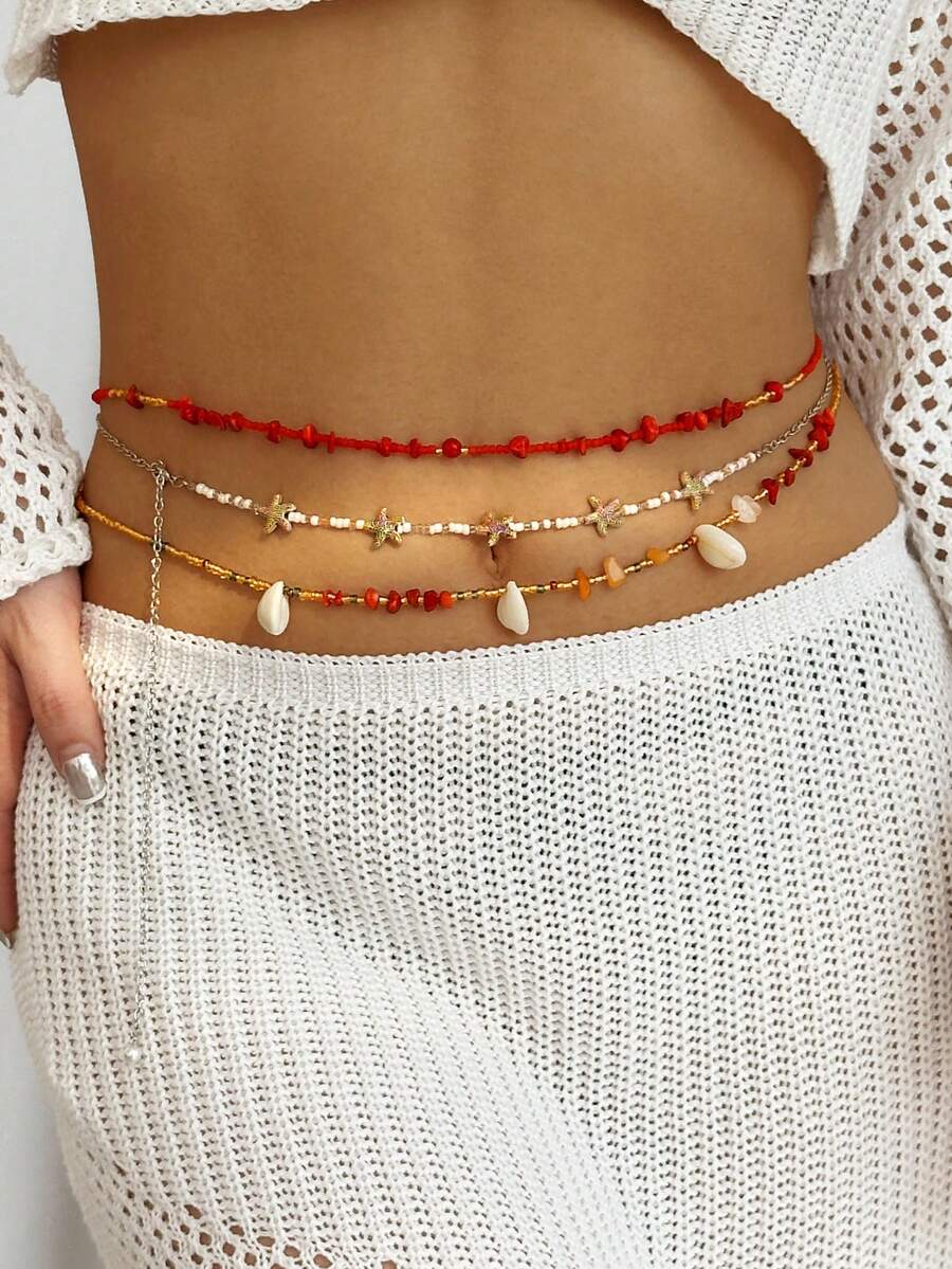 3pcs Beaded Starfish Multilayer Body Jewelry Chain, Bohemian Style Beach Vacation Countryside Waist Chain For Women
