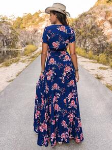 Rusttydustty Robe légère et confortable à col V noir avec motif floral, style bohème, ambiance exotique, convient pour les vacances à la plage et les festivals de musique - Bleu azur - Voir 2