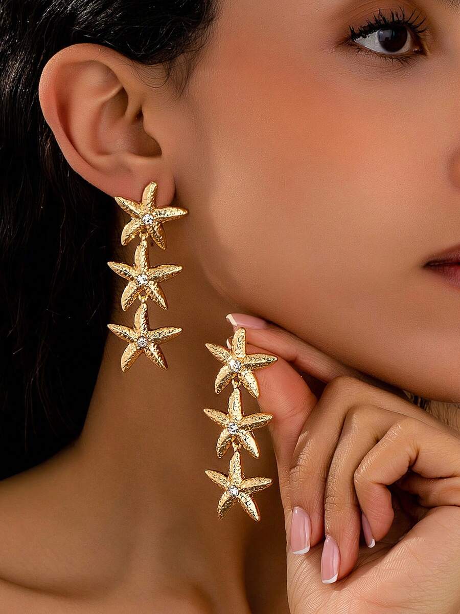 1 Pair Exaggerated Oceanic Style Crystal Starfish Drop Earrings For Women - Multicolor - View 1