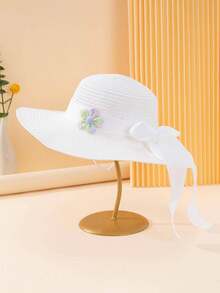 1pc Unisex Linen Ribbon Bow Decor Simple Fashion Flat-Brimmed Sun Hat, Large Brim Suitable For Summer Outdoor Daily Wear, Beach, Wedding, Children's Gift - Flat Edge Linen Ribbon - View 21