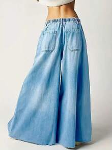 女士休闲百搭宽松高腰阔腿牛仔裤 - 淺藍 - 查看 2
