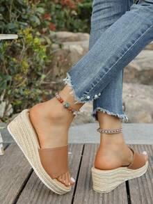 Women's Straw Wedge Rope Open Toe Slippers, Thick Sole Elevated Platform Sandals For Summer Outdoor Wear - Brown - View 6