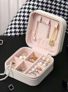 1pc Miniature Jewelry Storage Box, Display Case, Travel Jewelry Organizer Zipper Box For Earrings Necklace Rings, Leather Jewelry Box, Mini Ring And Necklace Storage, Suitable As Valentine's, Christmas, Halloween, New Year Gift For Her, Girl, Girlfriend - Upgraded Version With Anti-Dust And Anti-Oxidation Function, Compact & Portable Accessory Box For Lipstick, Watch