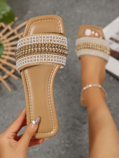 Size 41 Women Plus Size Yellow Slide Sandals, Square Toe Flat Sandals For Spring/Summer, Rhinestone Decor Strap Flip Flops, Fashion Beach/Home Slippers, Size 42/43