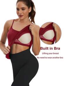 Women's Camisole With Built In Bra Tank Top Flowy Swing Pleated Tank Top Cami With Adjustable Spaghetti Strap Shelf Bra Loose Vest