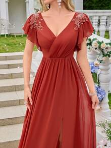 Chiffon Sequin Floral Minimalist Sexy V-Neck Bodycon Party Wedding Dress,Bridesmaid Dress