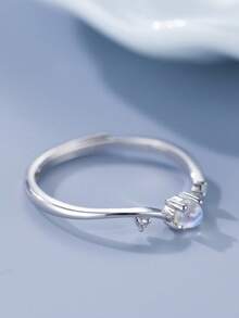 1pc Minimalist Moonstone Open Ring, Niche Design, Fashionable Rhinestone Midi Ring, Luxury And Elegant Hand Accessory - Antique Silver - View 4