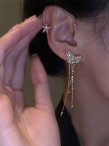 1pc Elegant Diamond Star & Leaf Tassel Ear Cuff Earring, Versatile Jewelry Gift For Women, Daily Wear