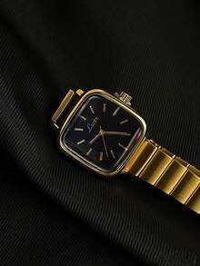 1 Pc Women's Vintage Simple Elegant Gold Stainless Steel Band Quartz Watch, Square Dial Casual Fashion Waterproof Wristwatch For Daily Wear, Party & Occasions - 黑色 - 查看 5