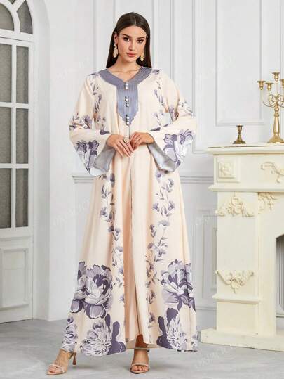 Ramadan New Fashion Gold Trim Elegant Printed Long Robe Abaya Dress,Modest