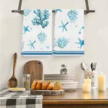 2/4 件套沿海航海厨房毛巾 - 超柔软超细纤维洗碗布，吸水珊瑚和海星海滨茶巾，适用于农舍厨房浴室装饰，卡通编织毛巾，40x60cm - 夏季礼物