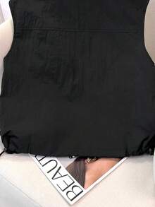 女士休闲无袖背心，个性化拉链双口袋设计，梭织面料双层内衬，短款时尚街头风黑色夏季款 - 黑色 - 查看 3