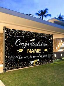 1pc Personalized Black And Gold 2025 With Customizable Name Graduation Party Special Customized Name Banner, Durable Fabric For Photography Background, Congratulations Graduation Banner, Graduation Party Decoration Photo Booth Props, Graduation Poster, Ceremony, Prom, No Electricity Required, Three Sizes Available