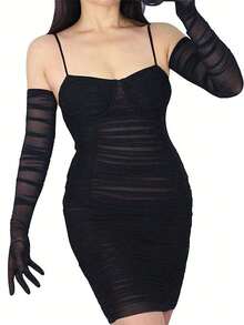 1 双黑色手套歌剧手套女式哥特薄纱超长手套，黑色弹性蕾丝网，半透明歌剧万圣节晚宴手套纯色优雅新娘手套婚礼部分万圣节配饰冬季手套sy2k 婚礼 - 彩色 - 查看 5