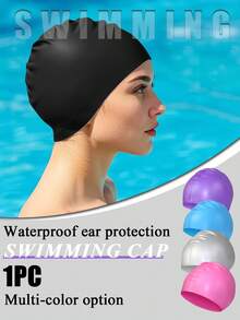 1pc Solid Color Silicone Waterproof Swimming Cap, High Elasticity Anti-Slip No-Pressure Diving Cap, Summer Beach Essentials Swimming Hat, Water Sports, Beach Accessories, Pool Float - Multicolor - View 1