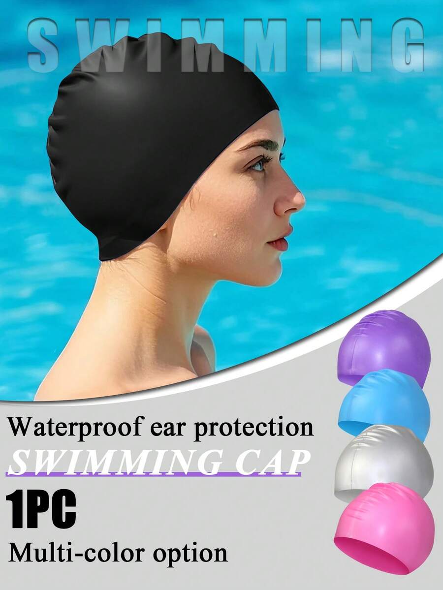 1pc Solid Color Silicone Waterproof Swimming Cap, High Elasticity Anti-Slip No-Pressure Diving Cap, Summer Beach Essentials Swimming Hat, Water Sports, Beach Accessories, Pool Float - Multicolor - View 1