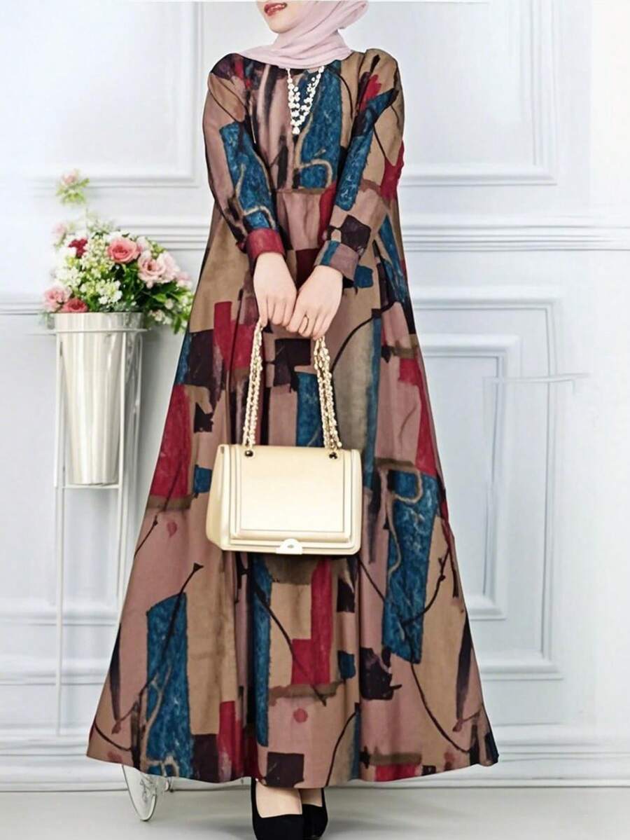 女式几何印花长袖宽松休闲阿拉伯风格连衣裙，端庄 - 藍紅色 - 查看 1