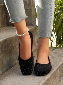 Women Plain Color Rhinestone Decor Flat Shoes, Lightweight Walking Shoes, Soft Bottom, Casual Slip-On Flat Shoes