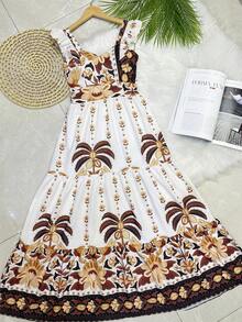 Long Dress PRINTED With Lining With Cup In Beautiful, Fashionable CREPINHO Fabric - Mocha Brown - View 5