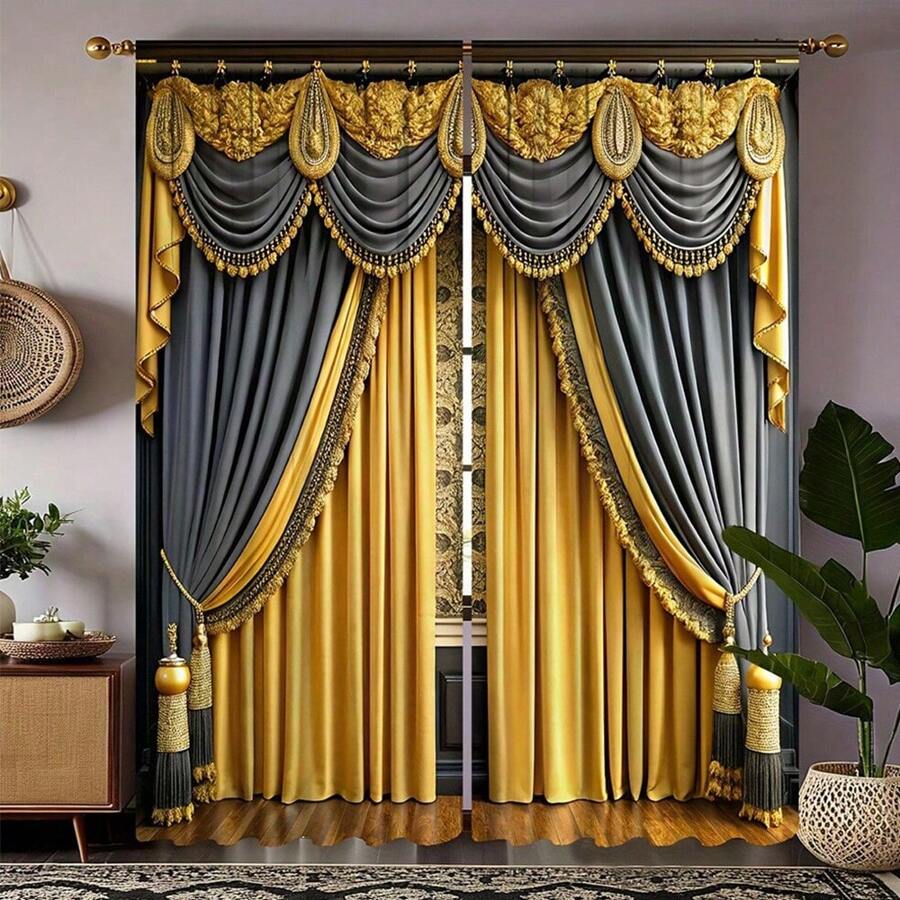 2pcs Black And Gold Palace Style Curtain With Canopy Pattern, Luxury Vintage Decor, Digital Printing Technology, Intricate Floral Design With Delicate Accents. Made Of Polyester, Suitable For Living Room To Showcase Nobility, Bedroom To Create Opulent Ambience, Also Applicable For Study, Hotel, Restaurant And Other Spaces To Elevate Interior