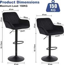Set di 2 sgabelli da bar, sgabelli da bar girevoli regolabili in altezza in velluto, sgabello da colazione/pranzo con schienale e braccioli per bar, bancone e cucina, mobili da balcone - nero - Visualizzare 4