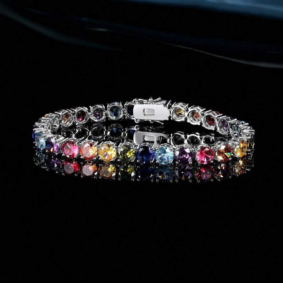 MDFUN 6mm Colorful Cubic Zirconia Tennis Bracelet For Women, 18K White Gold Plated Rainbow Cubic Zirconia Tennis Chain Bracelet