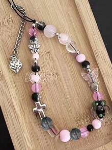 1 件小众粉黑心形吊坠甜美酷炫辣妹 Ccd 相机挂绳复古串珠手机链吊坠礼物送给母亲、家人、朋友、生日、节日手机饰品 - 彩色 - 查看 3