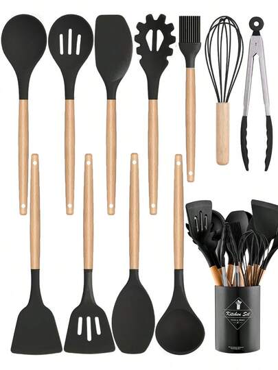 12pcs/Set Or 44pcs/Set Wooden Handle Silicone Kitchen Utensil Set, Heat Resistant Non-Stick Cookware, Suitable For Cooking And Baking, Ideal For Christmas