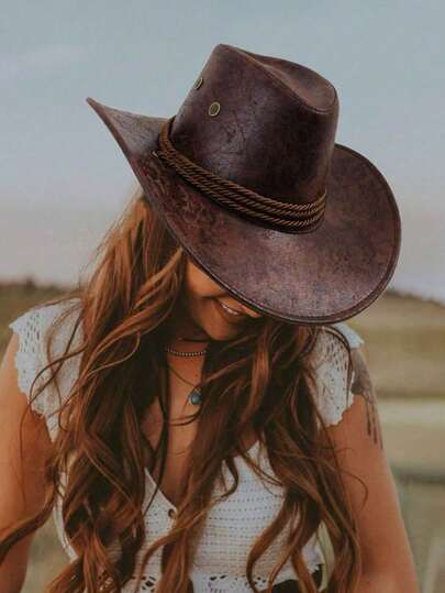 1pc Vintage Western Cowboy Style Hat, Made Of Soft PU Cord, Suitable For Halloween, Daily Wear, Travel, Holiday Celebration, Sun Protection, Outdoor