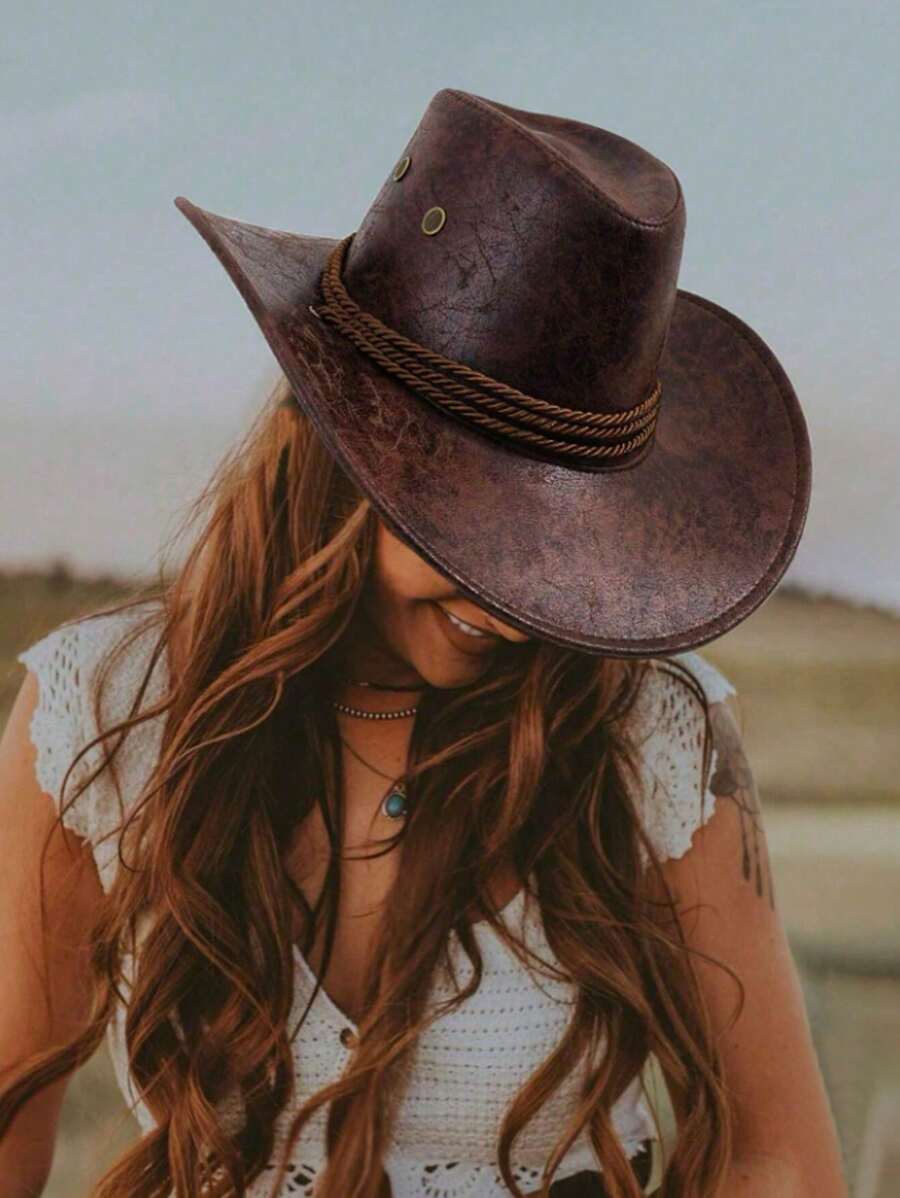 1pc Vintage Western Cowboy Style Hat, Made Of Soft PU Cord, Suitable For Halloween, Daily Wear, Travel, Holiday Celebration, Sun Protection, Outdoor