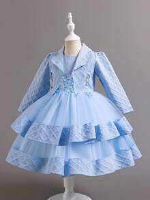 女童蓬松连衣裙提花图案薄纱拼布儿童服装 3D 贴花休闲生日连衣裙 - 藍色 - 查看 2