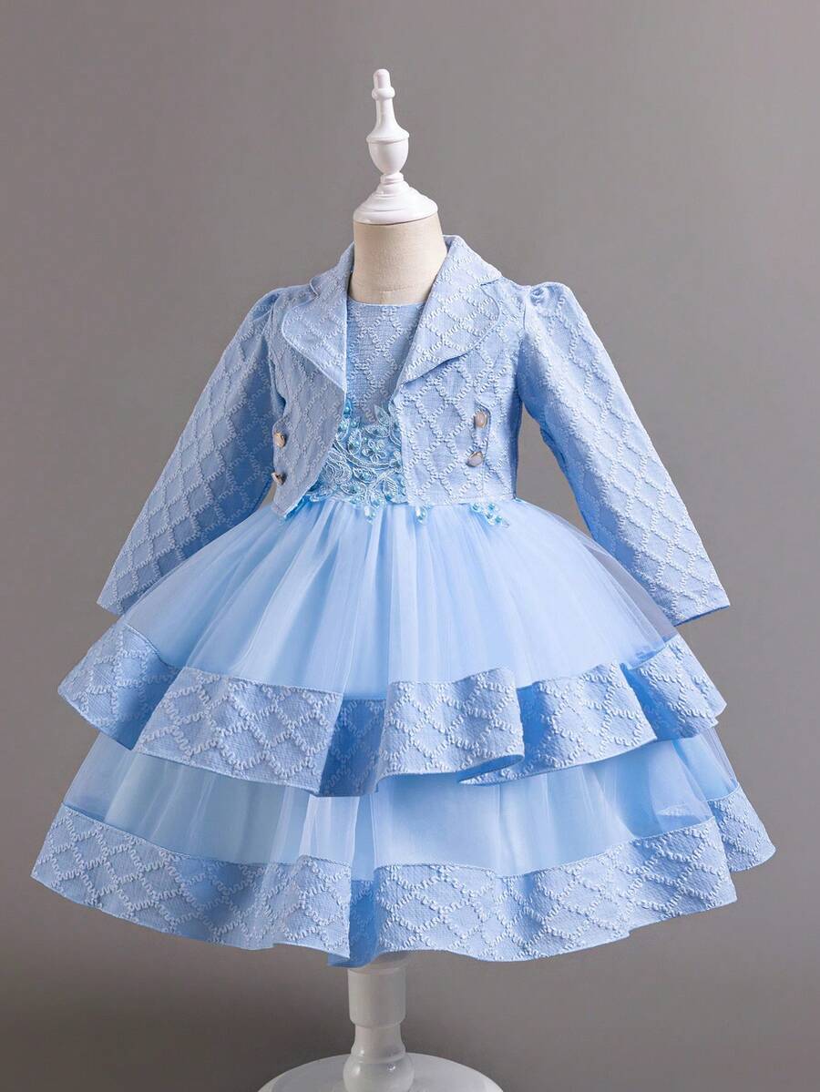 女童蓬松连衣裙提花图案薄纱拼布儿童服装 3D 贴花休闲生日连衣裙