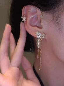 1pc Elegant Diamond Star & Leaf Tassel Ear Cuff Earring, Versatile Jewelry Gift For Women, Daily Wear