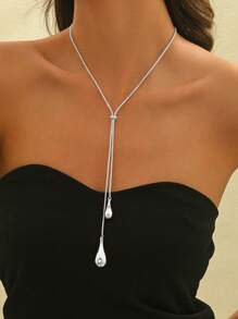 1pc Elegant Y-Shaped Necklace For Women, Fashion Teardrop Pendant Box Chain Tassel Long Necklace Apparel Accessory