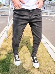 Men's Black Skinny Jeans With Distressed Scratch Designs, Stretch Denim Slim Fit Pencil Leg Pants - Black - View 3
