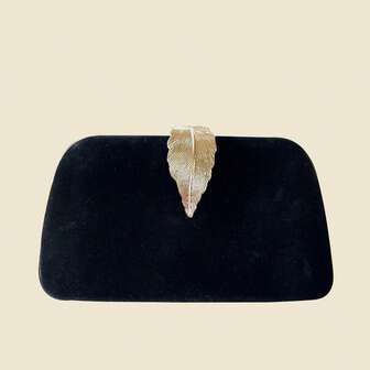 Black Velvet Leaf Clutch Bag, Fashionable Retro Metal Elegant Small Square Clutch Purse, Suitable For Formal Dress And Party