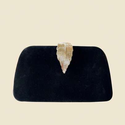 Black Velvet Leaf Clutch Bag, Fashionable Retro Metal Elegant Small Square Bag, Suitable For Formal Dress And Party