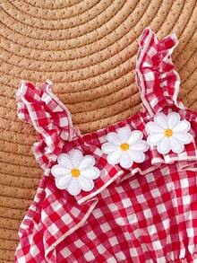 Set di top a canotta a quadri carino e pantaloncini con fiocco per neonate, adatto per uso esterno in primavera/estate - Rosso - Visualizzare 6