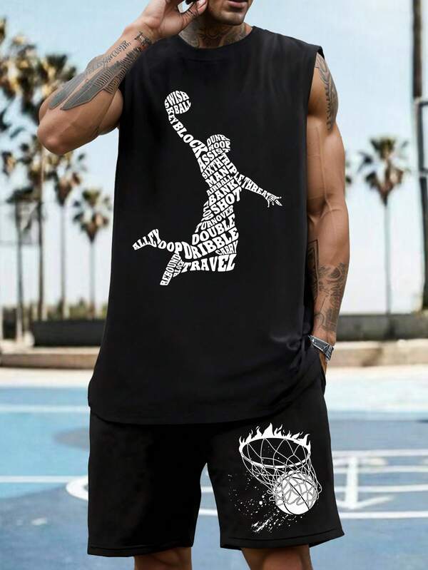 Men's Sports Outfit - Men's Vest Set, Summer T-Shirt & Shorts Set, Running Fitness Sportswear, Streetwear Commuter Clothes, Casual Sleeveless T-Shirt & Shorts, Black Vest, Black Shorts, Suitable For Sports, Basketball Court, Party, Gift, Boyfriend/Husband Gift
