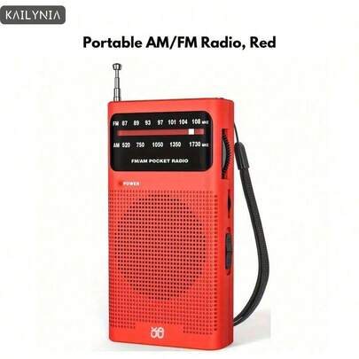  KAILYNIA W908 Portable AM/FM Radio With Extended Reception - Ideal For Indoor, Outdoor, And Emergency Use - Features Built-In Speaker And 3.5mm Headphone Jack, Powered By Batteries, Red && Black