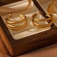 A Pair Of 18k Gold Jewelry Three-Layer Stud Earrings, Elegant Stainless Steel Geometric-Shaped Luxury Earrings For Women, Suitable For Everyday Wear, Parties, And As A Jewelry Gift. - Yellow Gold - View 9