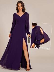EVERPRETTY Spring Split Sleeve Split Thigh Chiffon Purple Bridesmaid Dress Wedding Guest Gown