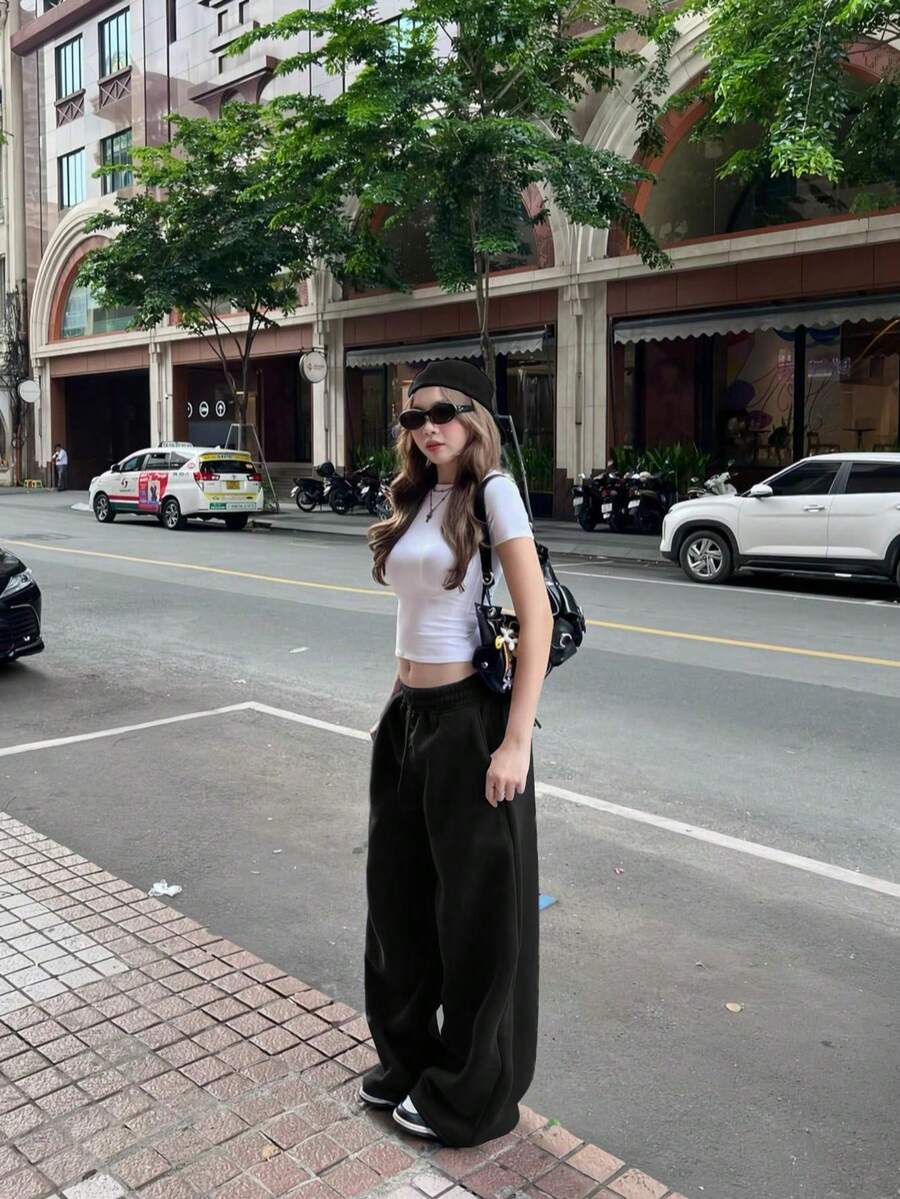 VIBEWAVE Elastic Drawstring Oversized Thin Knit Casual Street Pants, Spring/Summer