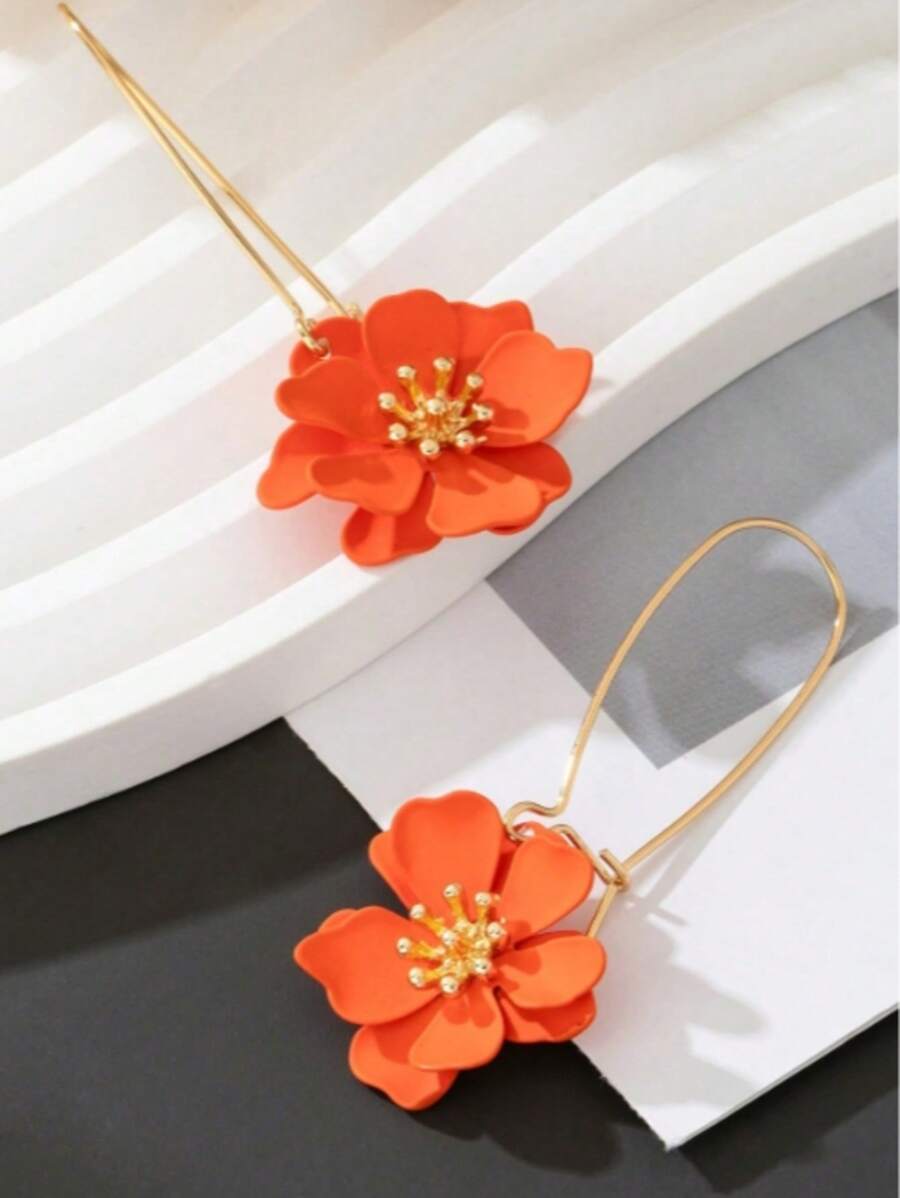 1 Paar auffälliger, orangefarbener Blumendesign Statement Anhänger Ohrringe für Frauen