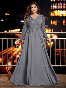 Contrast Sequin Chiffon V-Neck A-Line Long Sleeve Plus Size Formal Evening Gown, Party Dress, Wedding Guest Dress, Evening Dress - Grey - View 4